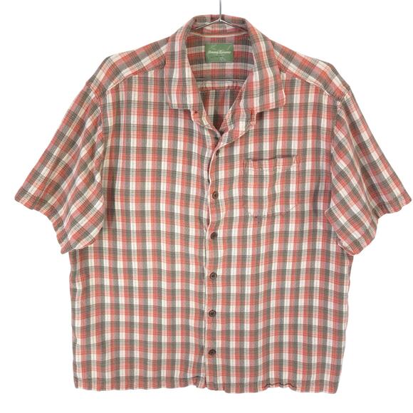 Tommy Bahama Shirt Mens XL Red Gray Plaid 100% Silk Short Sleeve Button Up - Picture 1 of 7